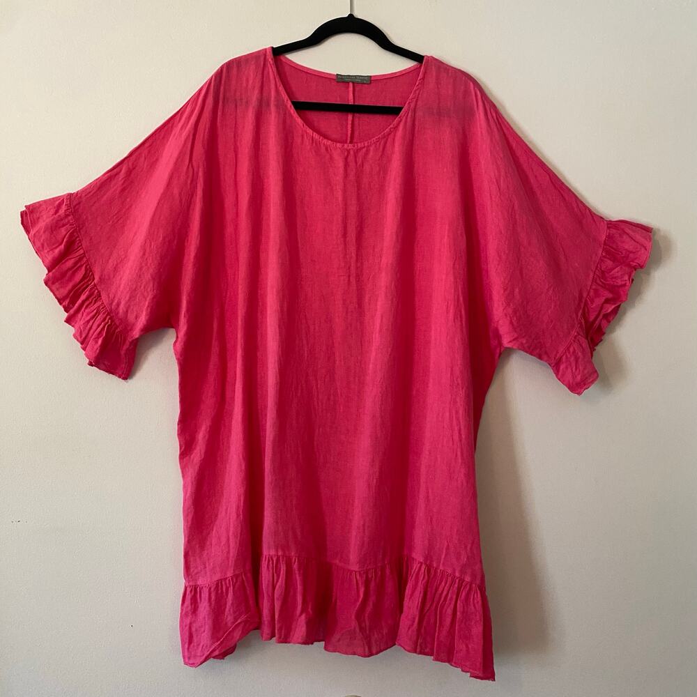 Piazza Del Tempio Hot Pink Linen Ruffle Mini Dress Minimalist Women's size XL